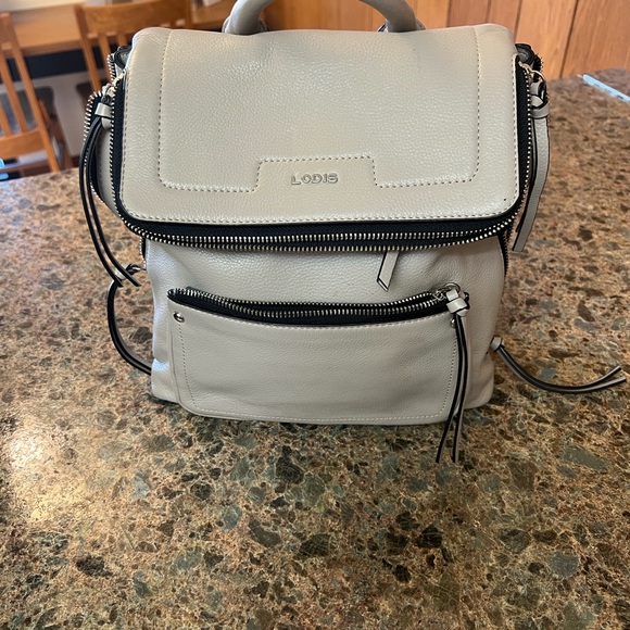 cream grey leather backpack GRAY SAFFIANO BACK PACK Finished with recycled hardware and eco Backpack - waxy gray